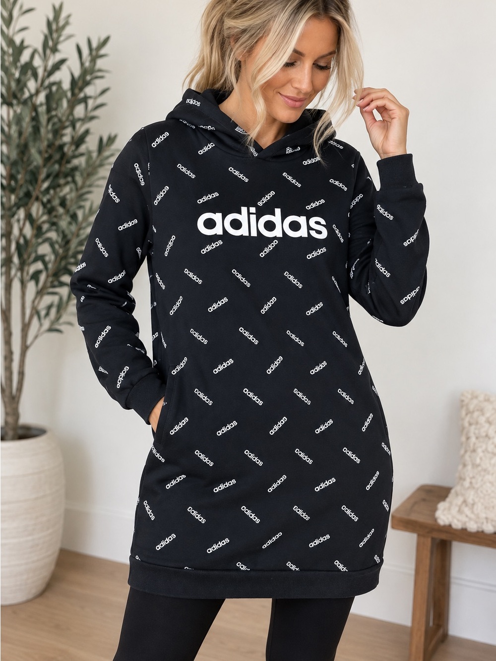 Adidas Women’s Black Allover Logo Longline Hoodie Sweatshirt Dress Size M